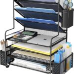 Black 7-Tier Desk File Organizer with Pen Holder & Metal Hanging Basket | Letter Tray Paper Organizer