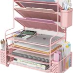 Pink 7-Tier Desk File Organizer with Pen Holder & Metal Hanging Basket | Letter Tray Paper Organizer