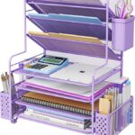 Purple 7-Tier Desk File Organizer with Pen Holder & Metal Hanging Basket