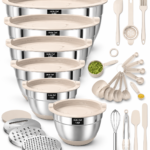26PCS Stainless Steel Mixing Bowls Set with Airtight Lids | Khaki Nesting Bowls with Grater Attachments