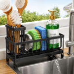 Kitchen Sink Sponge Holder with Brush Holder | Stainless Steel Sink Organizer